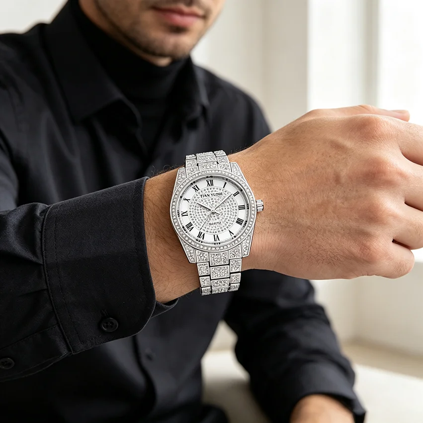 Men Women Iced Out Watch Silver Crystal Rhinestone Roman Numerals Dial Bling Luxury Quartz Wristwatch Sparkling Gift