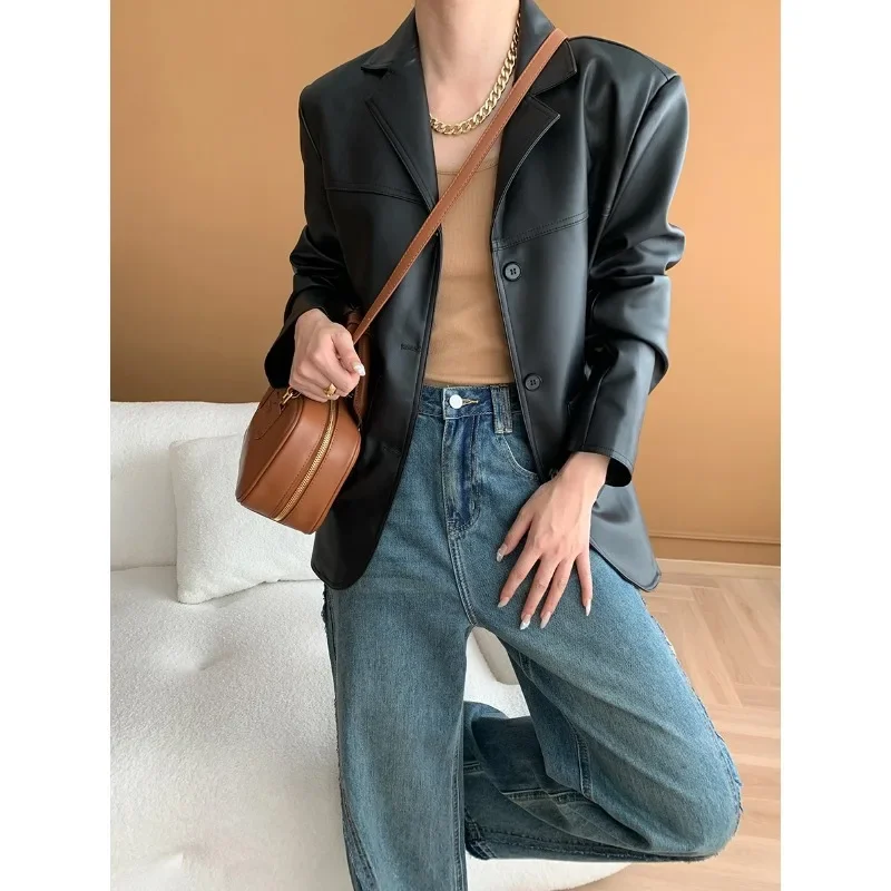 Vintage Wine Suit Collar Fake Leather Long Sleeve Jacket Women Casual Loose Black Office Lady Matte PU Leather Suit Jacket