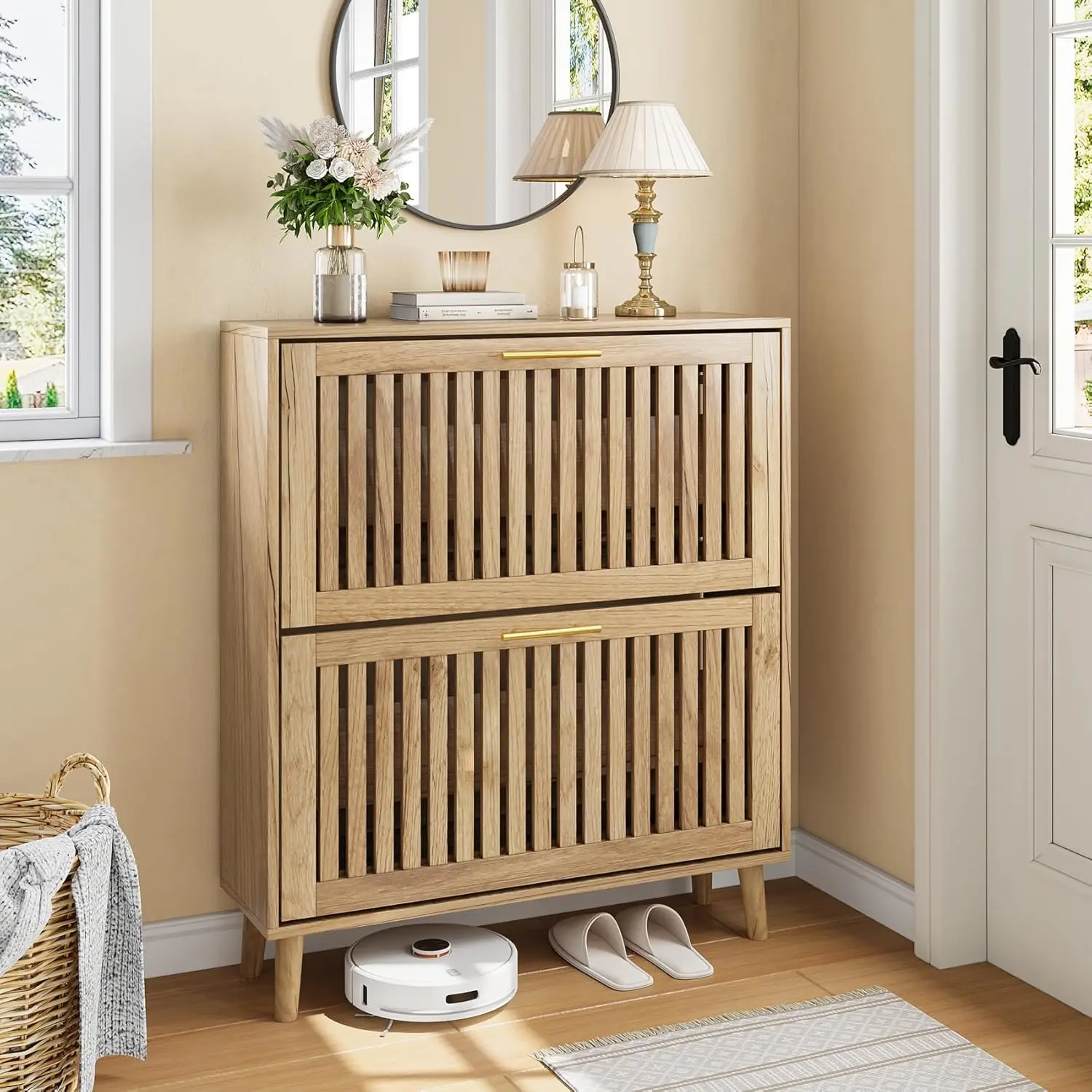 

Narrow Wood Shoe Storage Cabinet with 2 Louvered Drawers, Gold Handle, Natural Oak