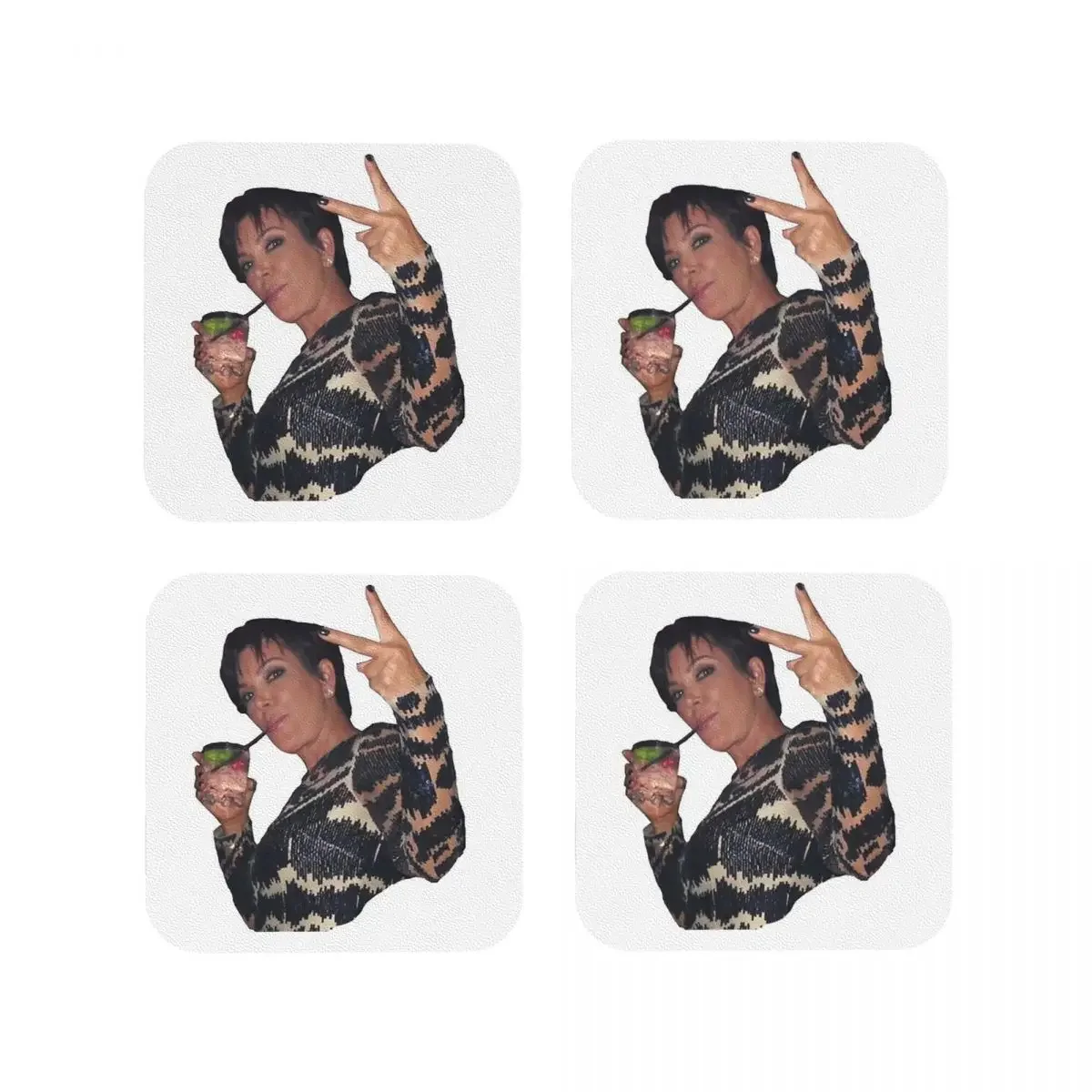 Kris Jenner Meme Drunk Peace Sign Coasters Kitchen Placemats Waterproof Insulation Cup Coffee Mats For Tableware Pads Set of 4