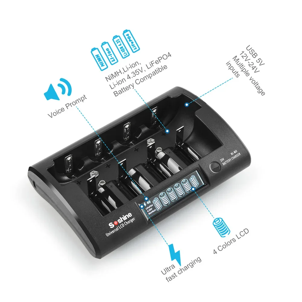 Soshine LCD Universal Charger 12V 2A Battery Charger for LiFePO4 Li-ion 18650 26650 14500 10440 18350 21700 RCR123 Ni-MH AAA AA