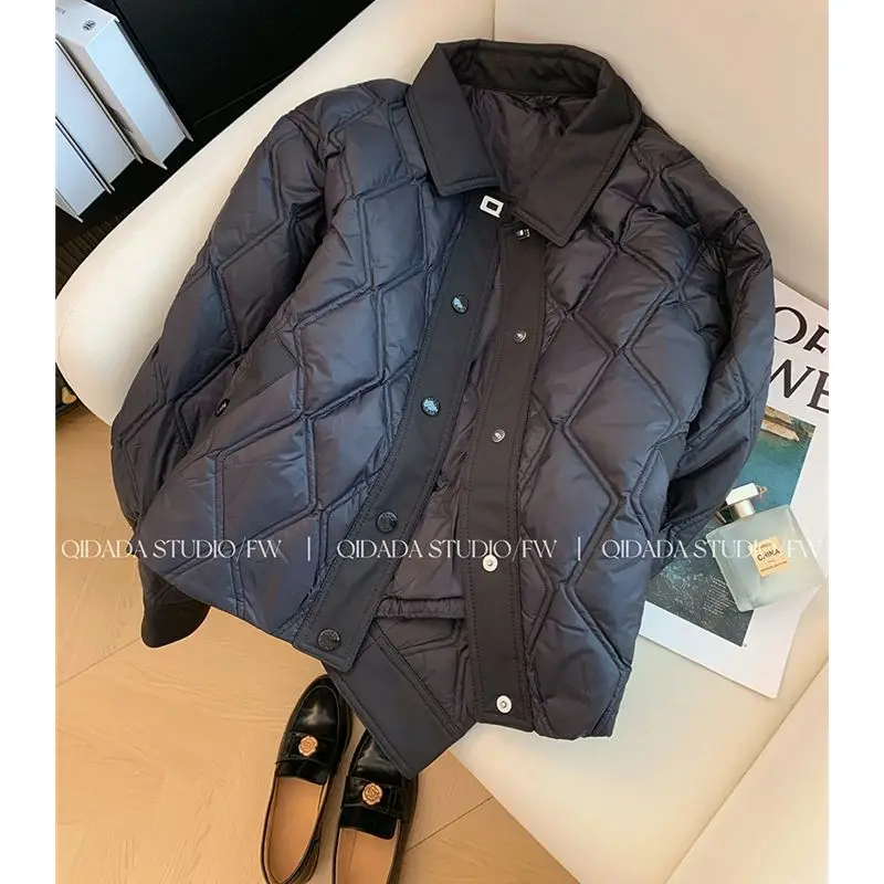 Black Winter Thick Cotton Padded Coats Women Street Single-breasted Patchwork Plaid Female New Korean Parkas  Jackets