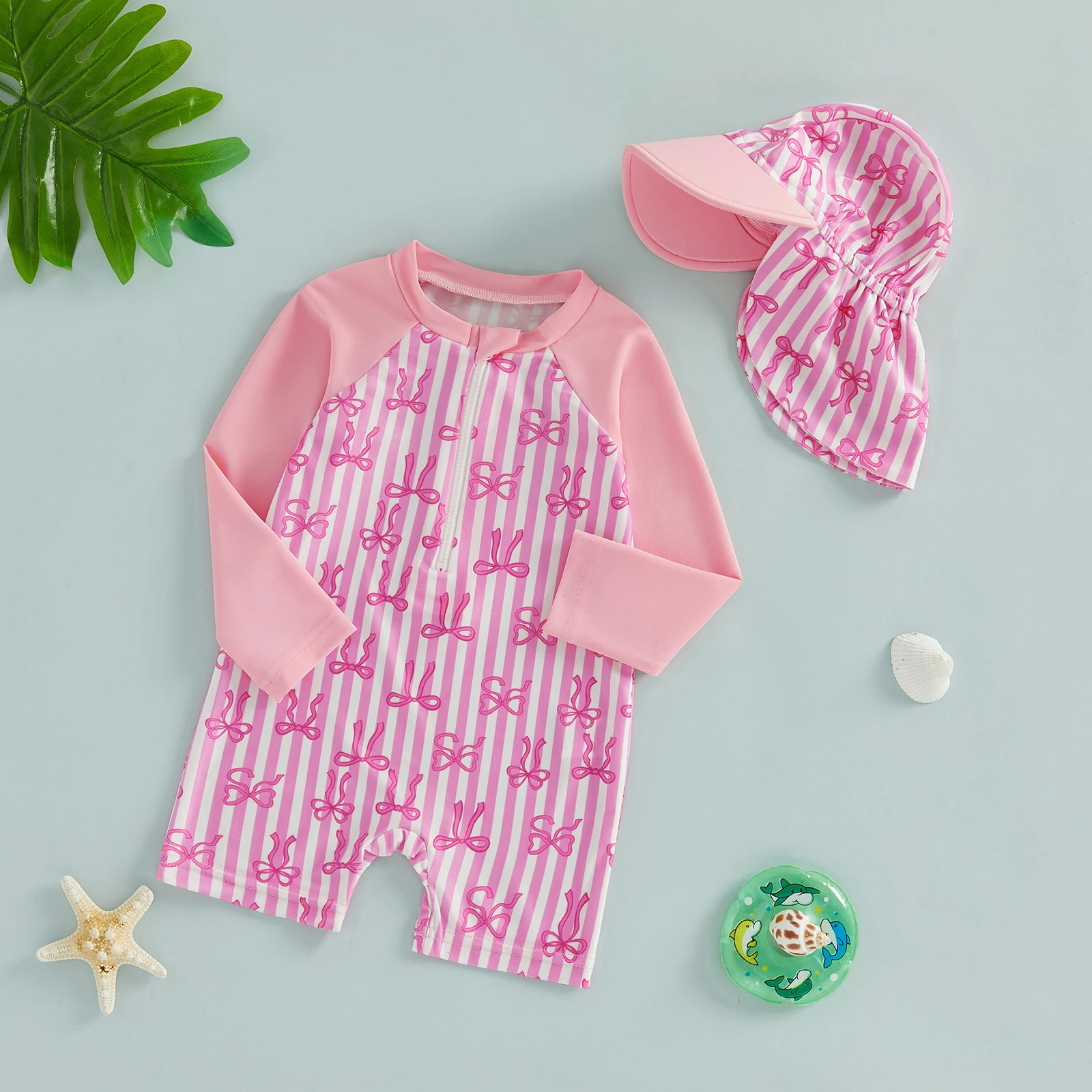 

Летний детский купальник-рашгард для девочек с принтом клубники/бантиков/вишен, с длинными рукавами, на молнии спереди, с шапочкой