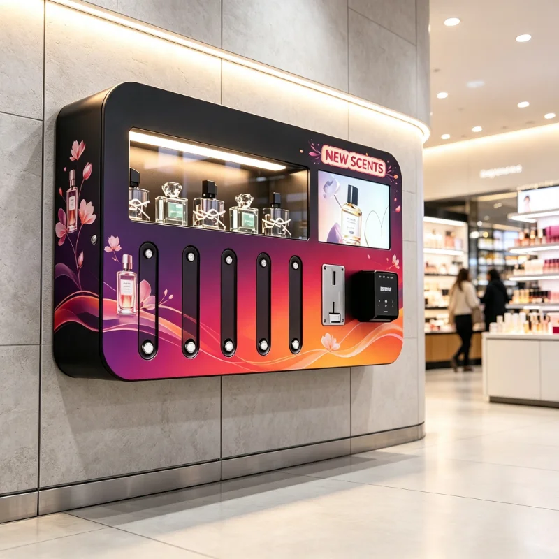Wall mount & freestanding dual-use 120ml perfume sample vending equipment, customizable professionally for fragrance retail