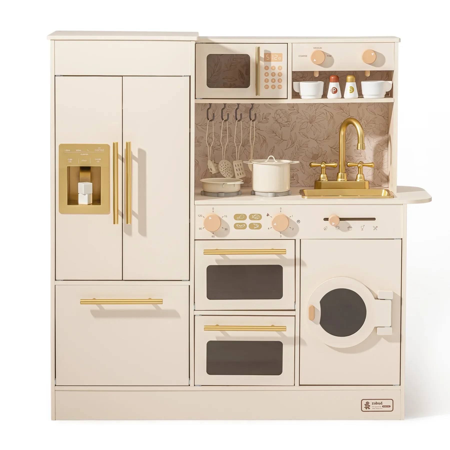 Robotime Robud Juego de cocina floral de madera para niños, juego de simulación de juguete con refrigerador, horno, microondas para niñas y niños, color beige