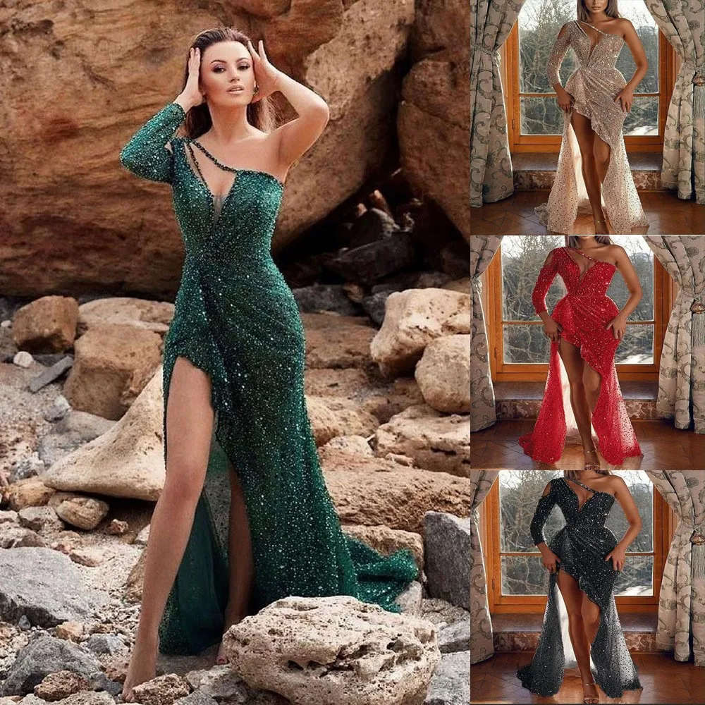 Women's Deep V Neck Long Sleeve Floor Length Evening Dress for Wedding Guest Party Prom One Shoulder Fitted Waist Sweep Train