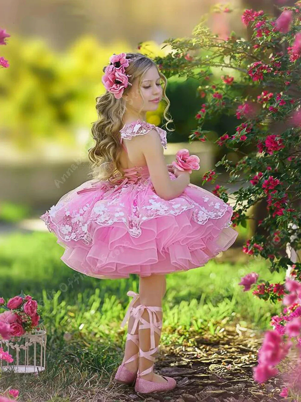 Flower Girl Dresses for Weddings Elegant Princess Kids Lace Applique Puffy Evening Party First Communion Little Bride Ball Gown