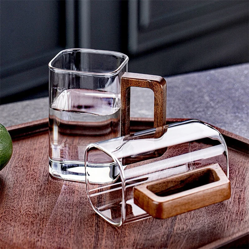 Caneca de café quadrada de vidro de borosilicato alto de 250ml com alça de madeira caneca de chá resistente ao calor café da manhã leite café americano canecas