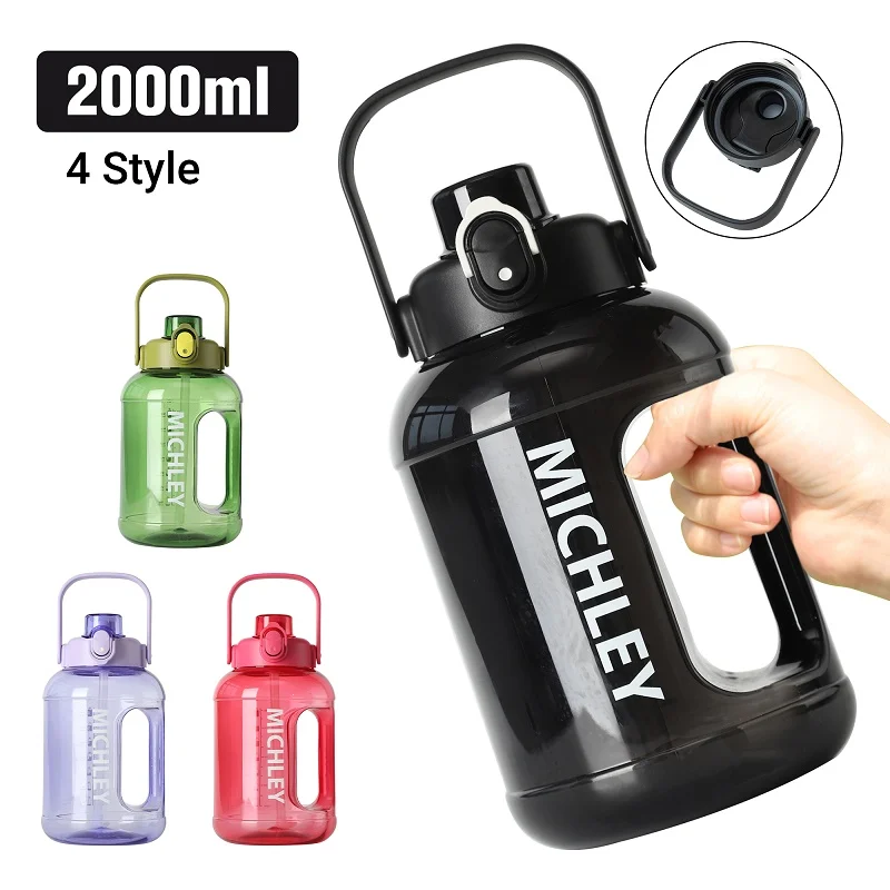 

MICHLEY 2 Liters Large Plastic Water Bottle Travel Straw Bottle Sports Fitness Cup High Value Big Fat Cup Adult Universal