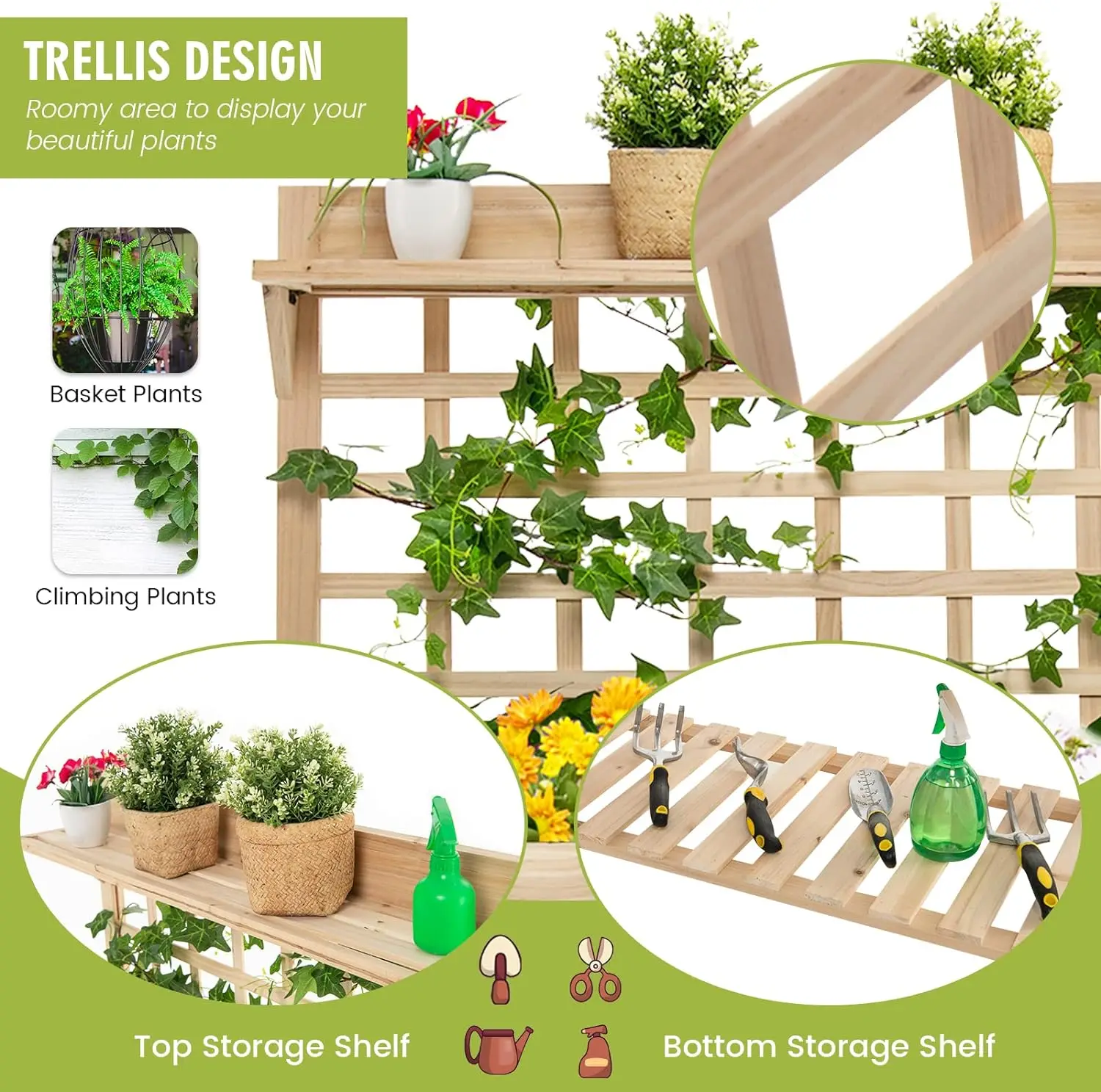 Lit de jardin suréWeravec treillis, boîte de jardinière surélevée mobile, doublure de lit, dessus, étagères de rangement astronomiques, jardinière en bois autoportante