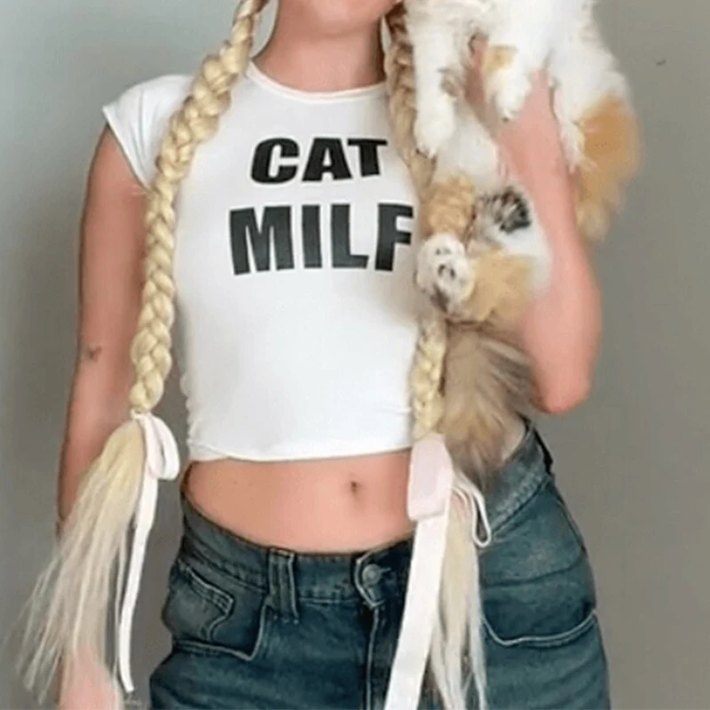 

Women's Aesthetic Letter Printed Skinny Crop Tops Streetwear Kawaii Sexy Baby Tee Y2k Grunge Clothes Gothic Summer T-Shirt Emo