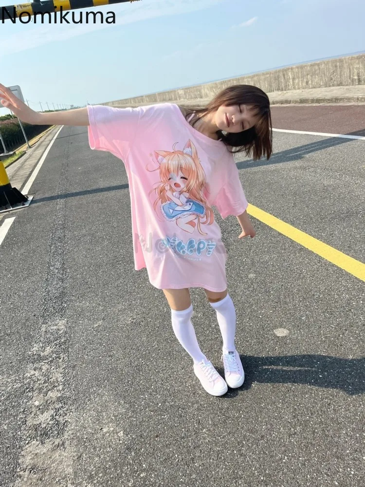 Slash Neck Shirts for Women Japanese Tshirts Oversized Tops Clothes for Teens Short Sleeve Anime Tees Casual Chic Summer T Shirt