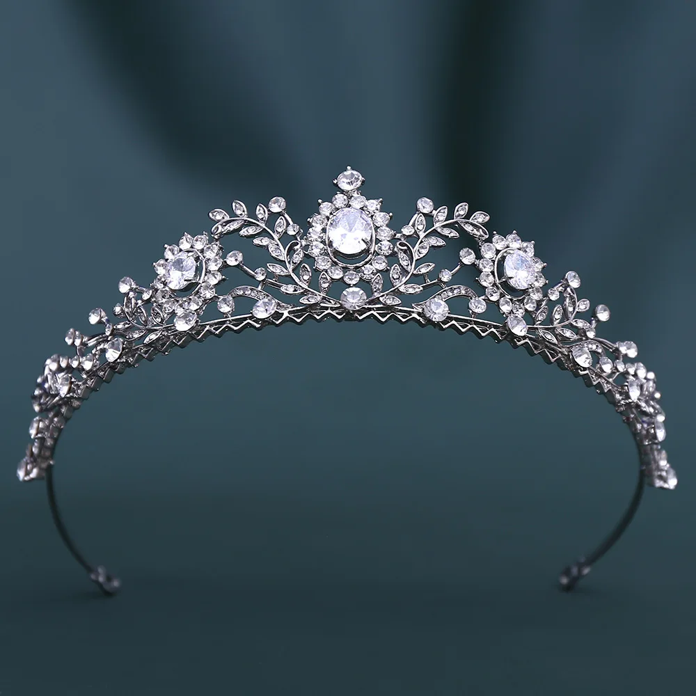 Vintage Leaf Rhinestone Tiara Crown Bridal Headpiece Crystal Princess Headband for Bride Wedding Pageant Party Hair Jewelry