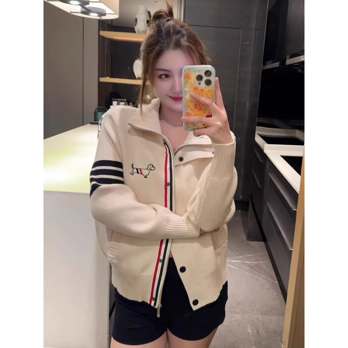 Chaqueta de Béisbol Tejida para Mujer, Otoño-Invierno, Cárdigan Abierto, Manga Larga, Cuello con Diseño Bordado de Perro, Rop...