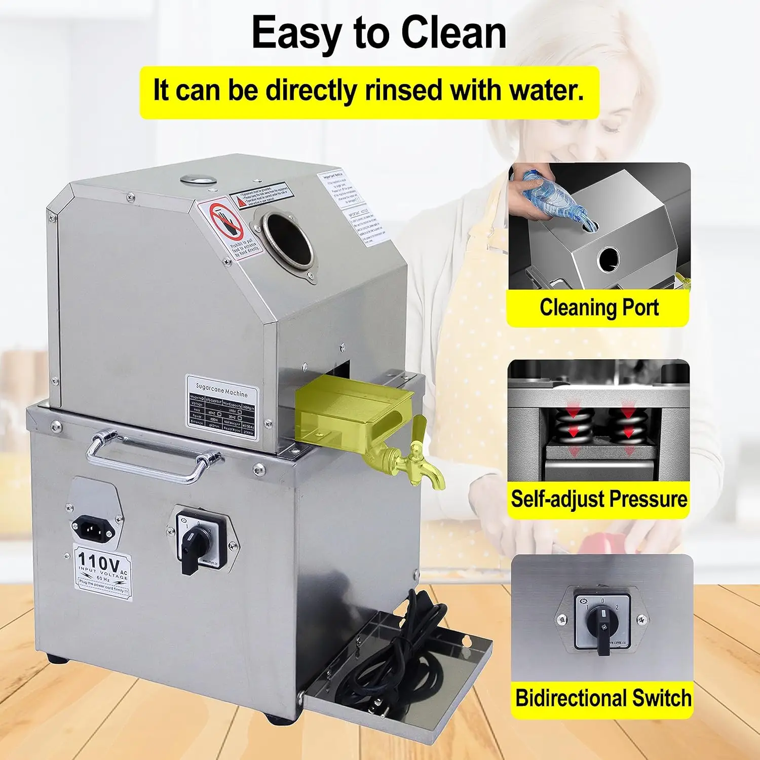 110V Electric Sugar Cane Juicer Press Machine Sugarcane Juice Extractor Ginger Sweet Sorghum Press with 304 Stainless Steel Roll