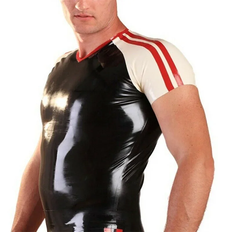 Latex T-shirt Tops with Shoulder 2 Strips V Neck Red Trims Cool Customize 0.4mm for Men Wear