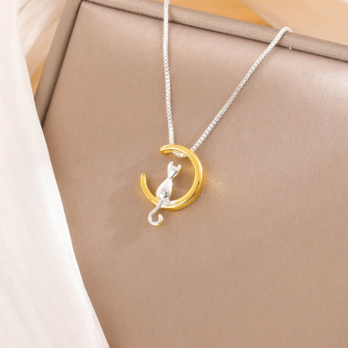 New Animal 925 Sterling Silver Jewelry Fashion Cute Cat Crescent Moon High-quality Personality Pendant Necklaces XL091