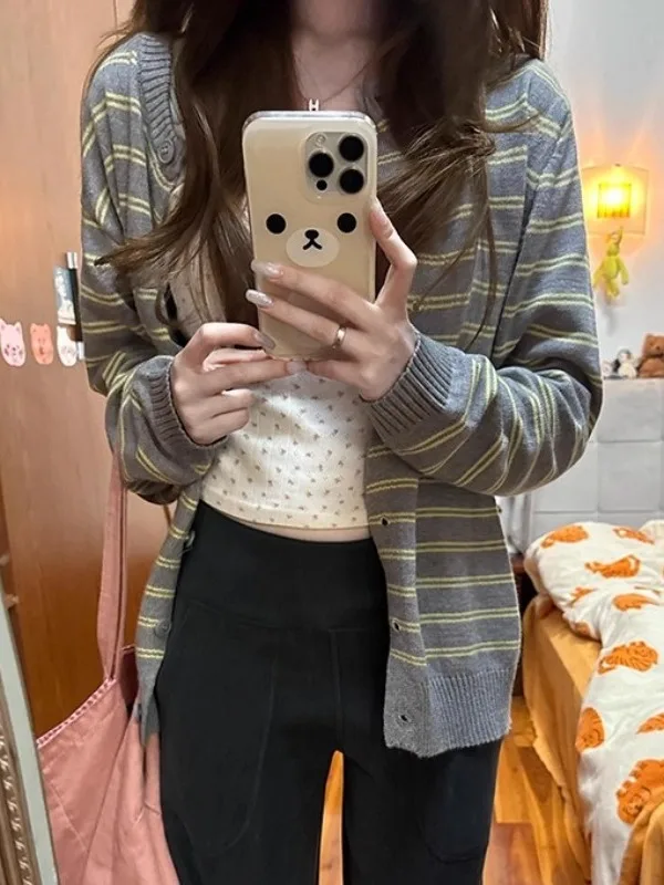 

Ladies' Spring Autumn Stripe Knitwear Top Lazy Sle Outerwear Sweater Cardigan Coat Loose Fit Long Sve round Ne Single ...