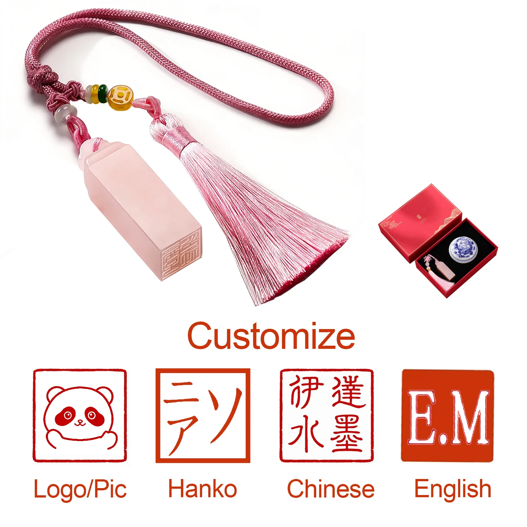 

Customize Chinese Name Stamps 15mm Square Pink Stone Seal with Package Box Tassel Red Inkpad Calligraphy Chop Gifts