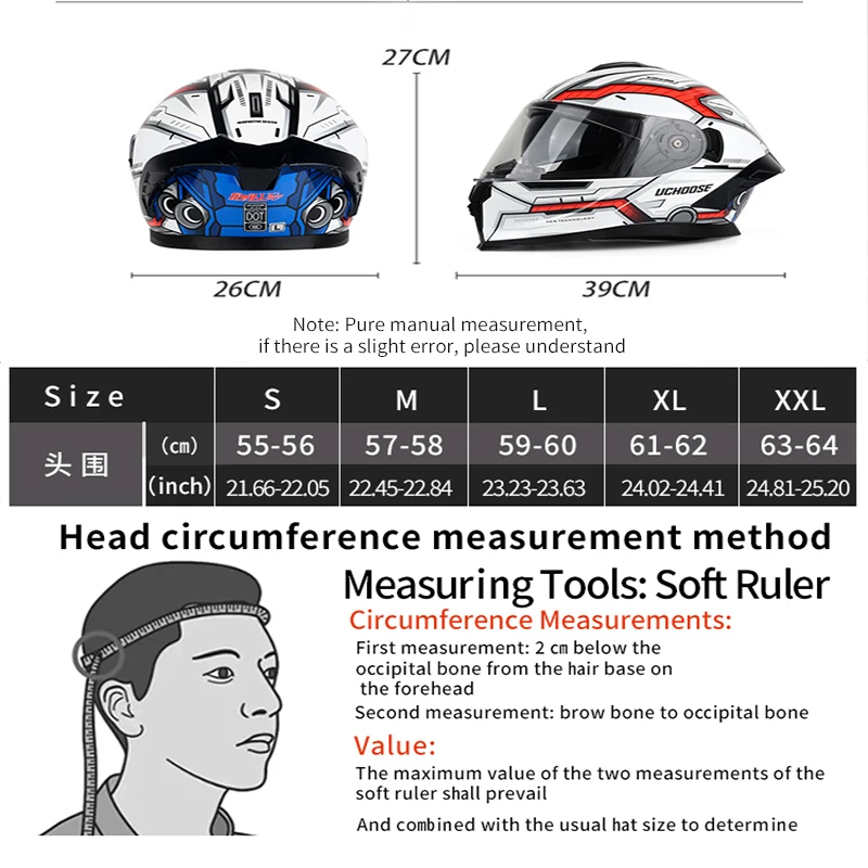 818 Uchoose DOT Approved Full Face Helmet Crash Motorbike Protective Gear Men Women Motorcycle Double Sun Visor