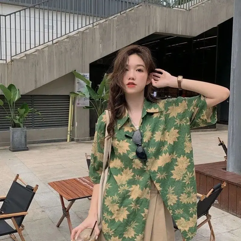 Summer Woman Clothing Leaf Flower Pattern Printing Short Sleeve Shirt Retro Korean Hongkong Japan Style Loose Casual Trend Basic