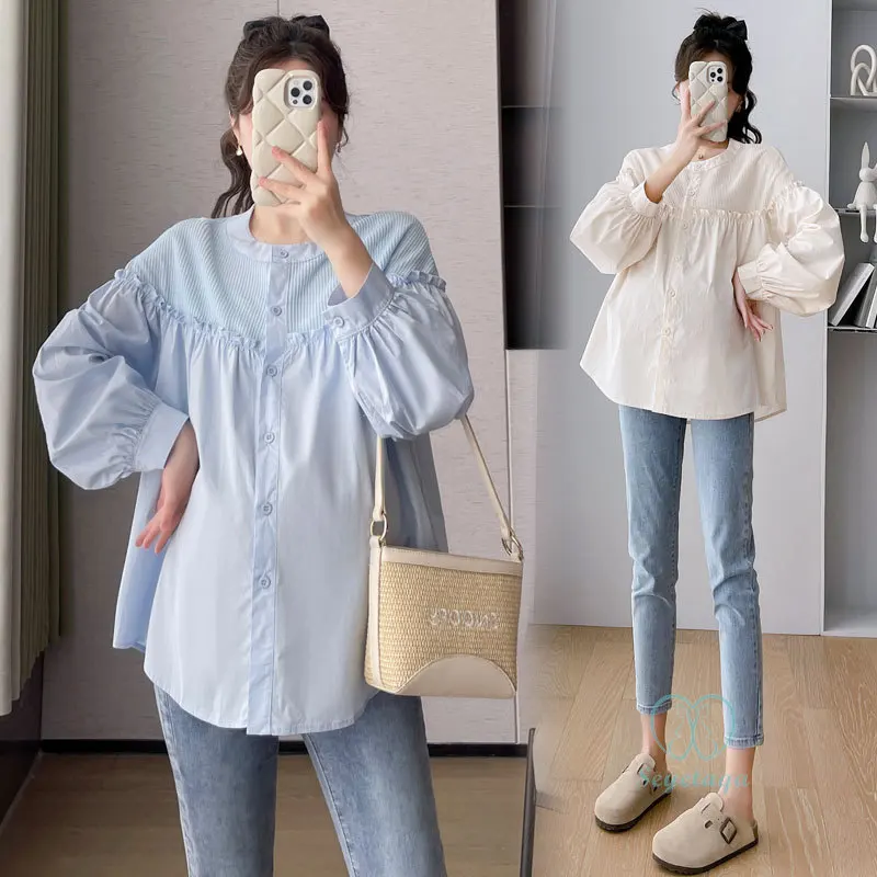 

Sweet Ruffle Patchwork Maternity Blouses 2024 Spring Fashion Loose Shirts Clothes for Pregnant Women During Pregnancy Tops