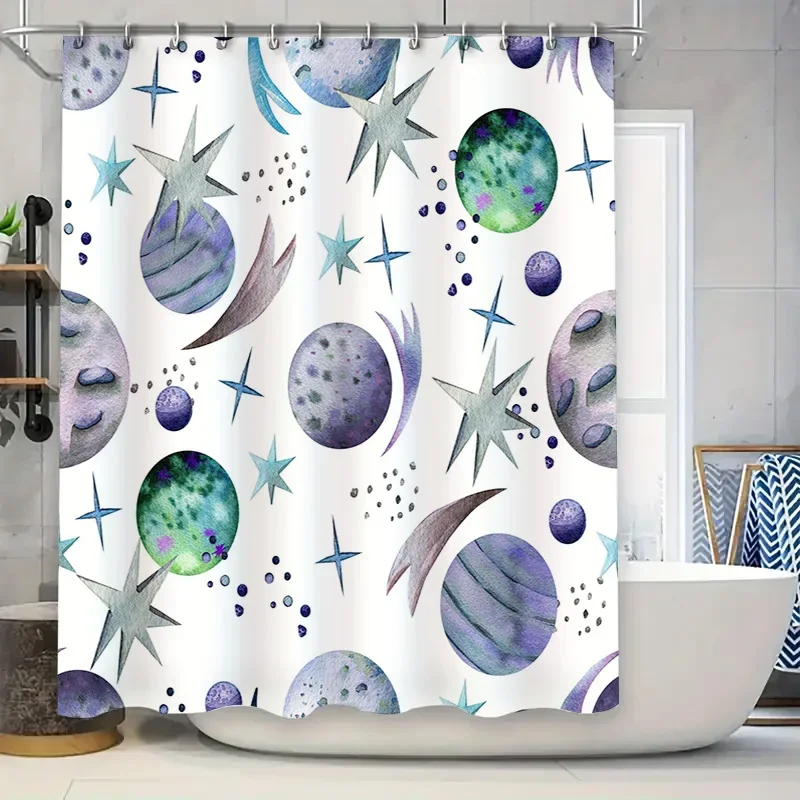 

Звездная ночь, космическая занавеска для душа, ткань для декора ванной комнаты, водонепроницаемое украшение для дома, синий, зеленый, фиолетовый, звезды, планеты, лунная рука