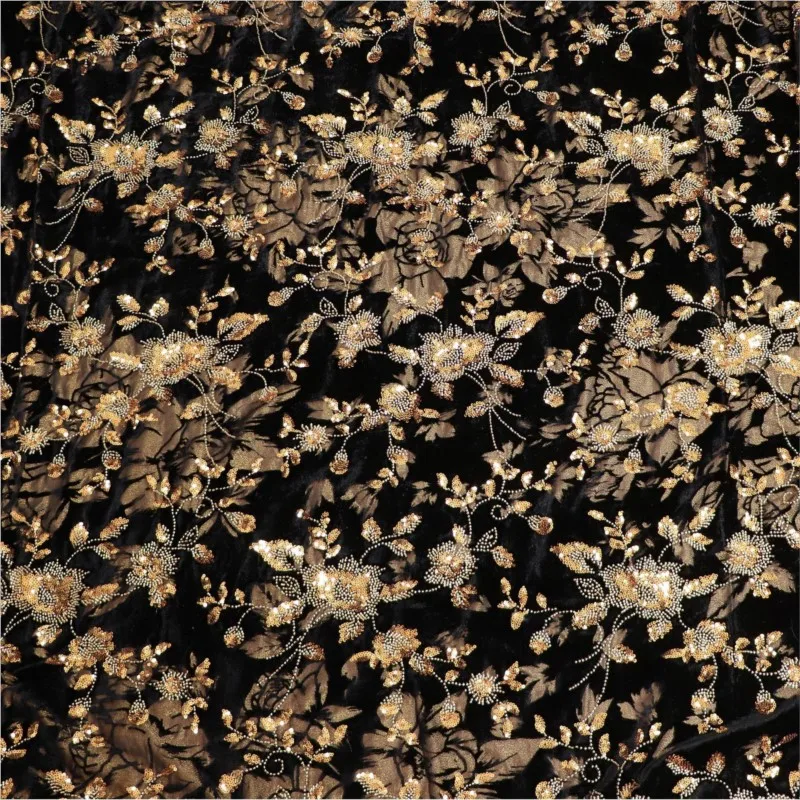 Silver three-dimensional beaded tubes embroidered gold lines woven sequins wedding dress women's fabric