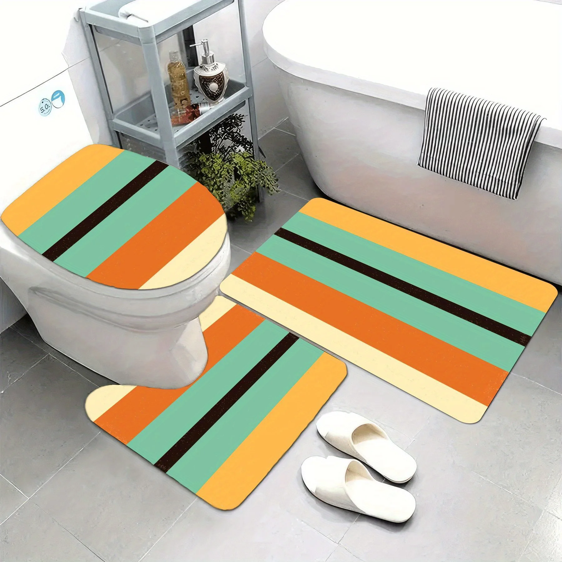 

3pcs Soft & Absorbent Plush Bath Mats Non-Slip, Washable, Comfortable, A Retro Color Palette with Brown Turquoise And Bath Blank