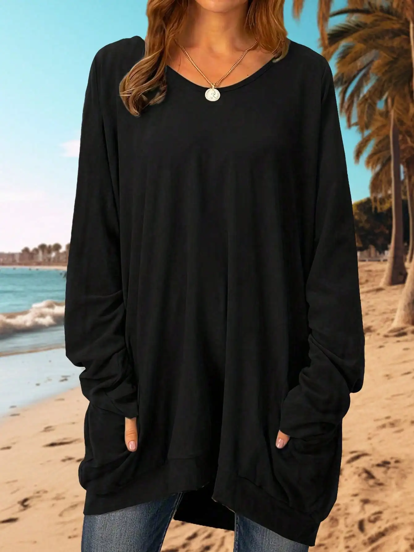 

Black Oversized Long Sleeve V-Neck Top with Pockets, Soft Brushed Knit for Casual Wear