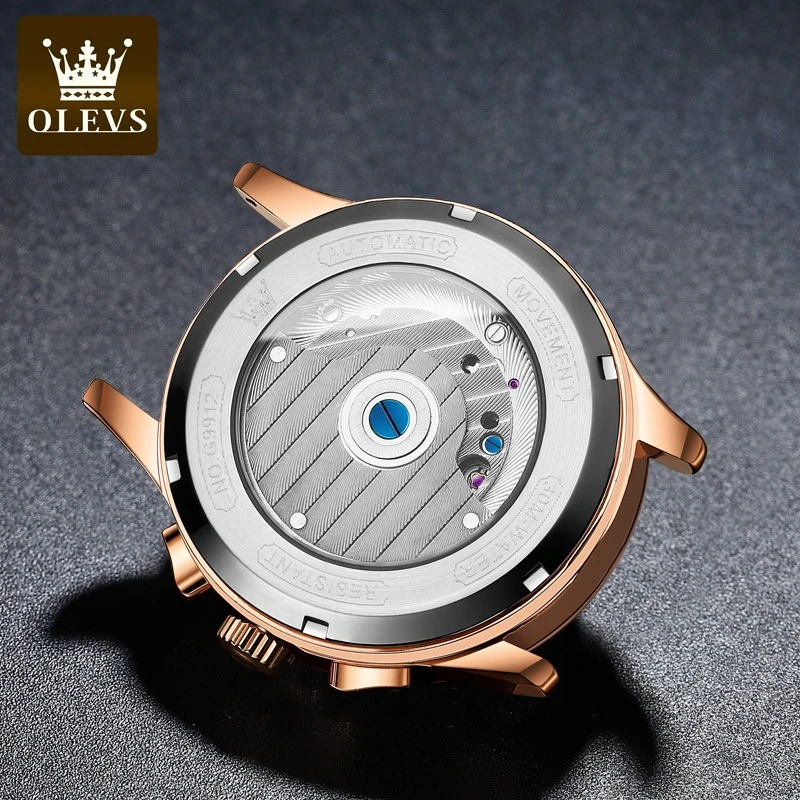 OLEVS 9912 Mechanical Business Watch Genuine Leather Watchband Round-dial Moon Phase Week Display Calendar Luminous Small second