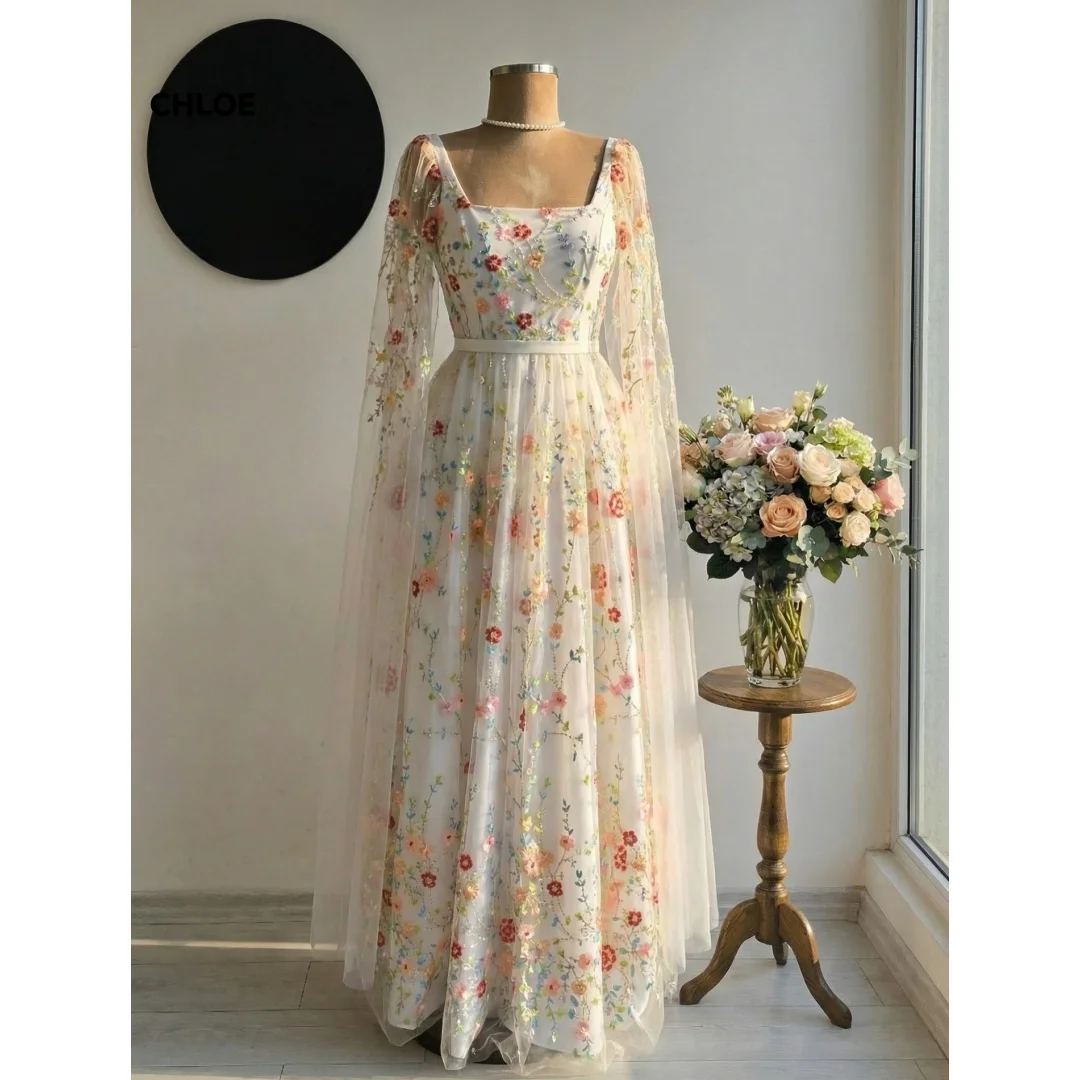 

Embroidered Lace Elegant Evening Dresses for Woman Luxury Women's Evening Dresses for Special Occasions Square Collar Line A