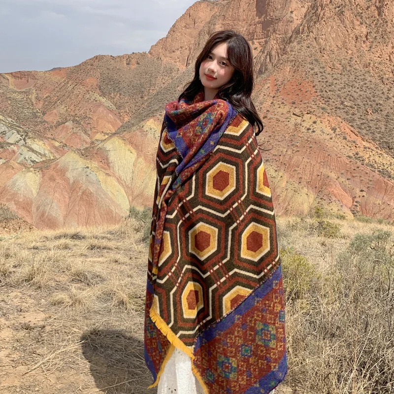 

Повседневный ретро-шарф в этническом стиле с геометрическим узором и разрезами в виде сот, модный универсальный длинный шарф-пэчворк, шаль, накидка