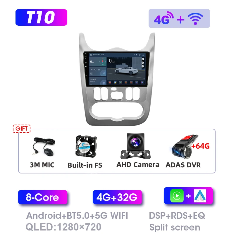 Srnubi 2 Din Autoradio CarPlay Voor Renault Logan 1 Sandero 2009-2015 Largus Dacia Duster BT Multimedia Speler navigatie Stereo