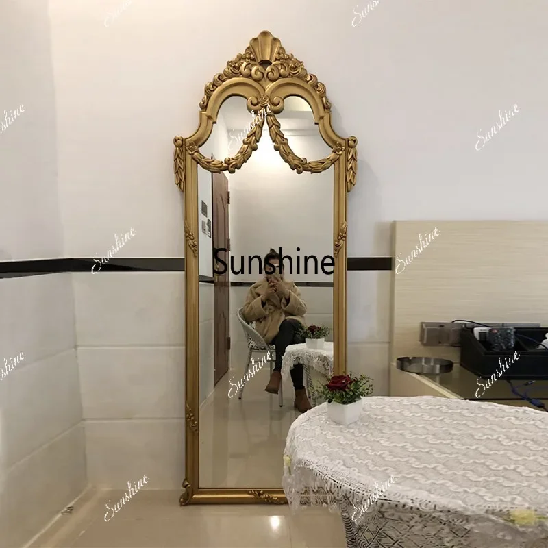 European retro carved floor-to-ceiling full-body mirror, gold wall-mounted clothing store large mirrorTJ