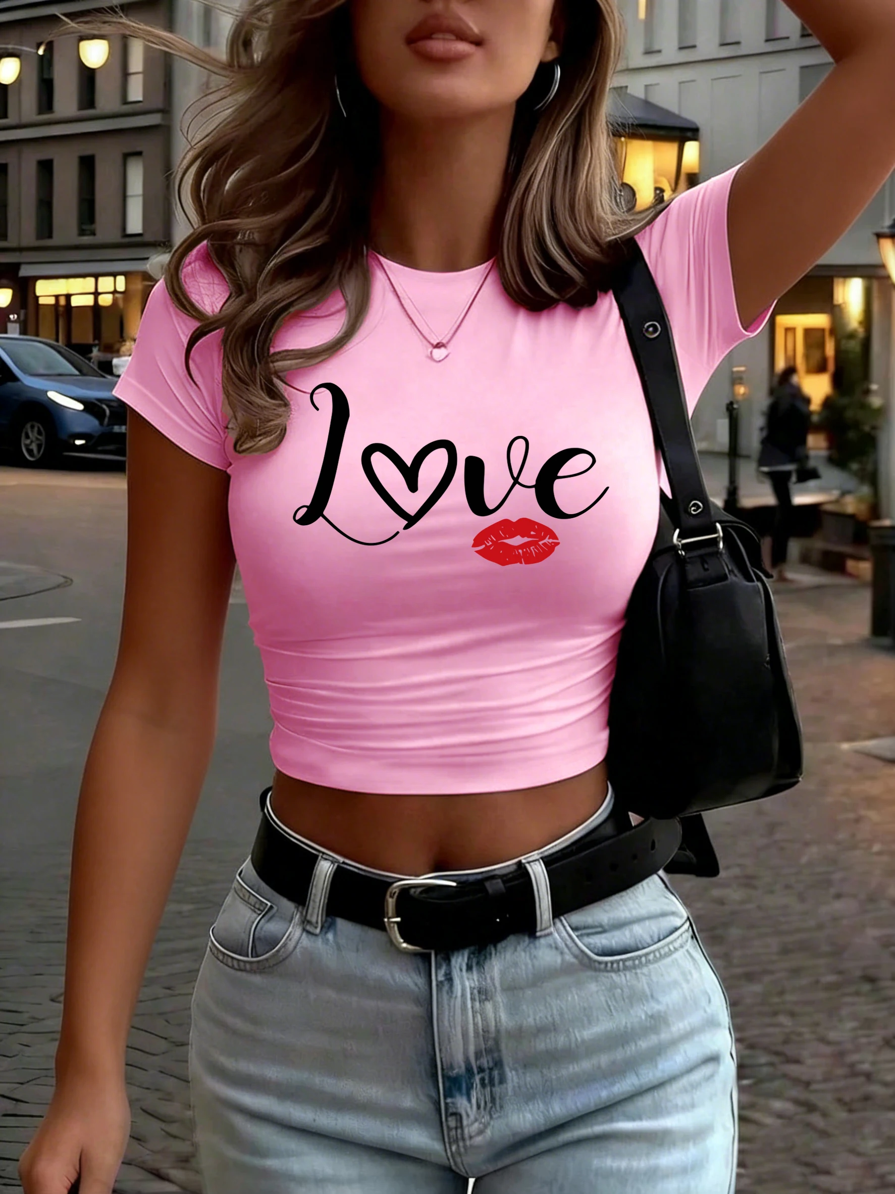 Liebe Rote Lippen Kunst Brief Gedruckt Frauen Crop T-Shirt Enge Atmungsaktive T Shirts Casual Y2K Kleidung Crewneck Sommer Streetwear
