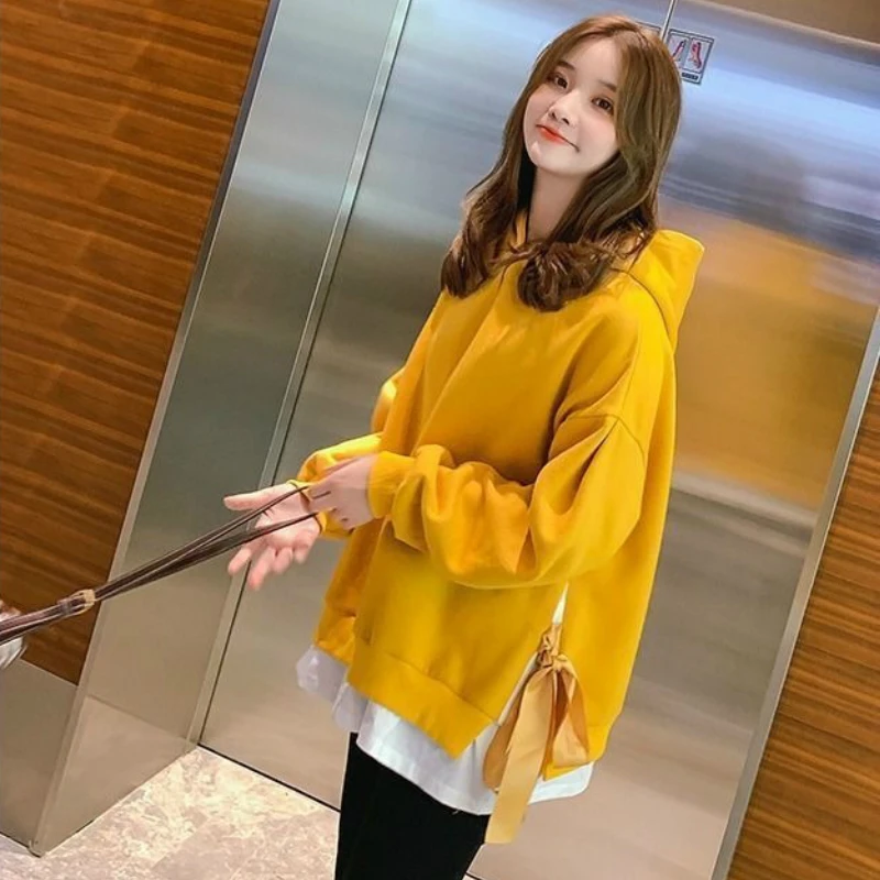 

Women Plush Thickening Casual Tops Korean Style Loose Hooded Pullover Female Solid Hoodies Side-slit Lace Up Lazy Sweatshirts