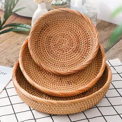 Round Handwoven Rattan Storage Baskets Home Living Room Dinner Table Snack Fruit Vegetable Basket Natural Food Woven Tray Box