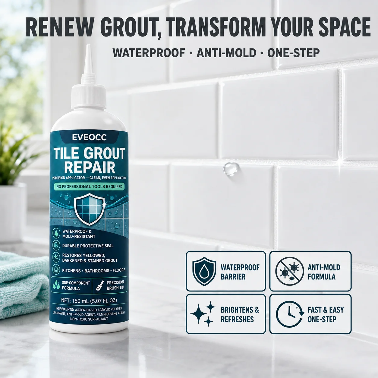 EVEOCC Tile Grout Repair 150ml, Waterproof Mold‑Resistant Tile Gap Filler for Kitchen Bathroom Floor