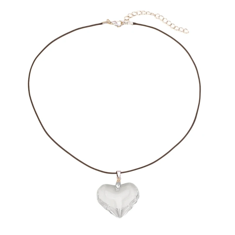 Exquisite Wax Rope Neckchain Glass Heart Pendant Necklace Choker Love Clavicle Chain for Fashionable Individuals