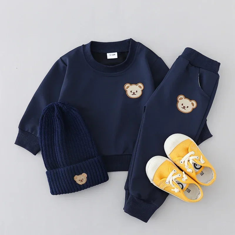 2-teiliges Kinderset für Frühling und Herbst, Einfaches Bärenkopf-Motiv, Rundhals-Langarmshirt und Hose, Outdoor-Set für Kleinkinder – Detail 2