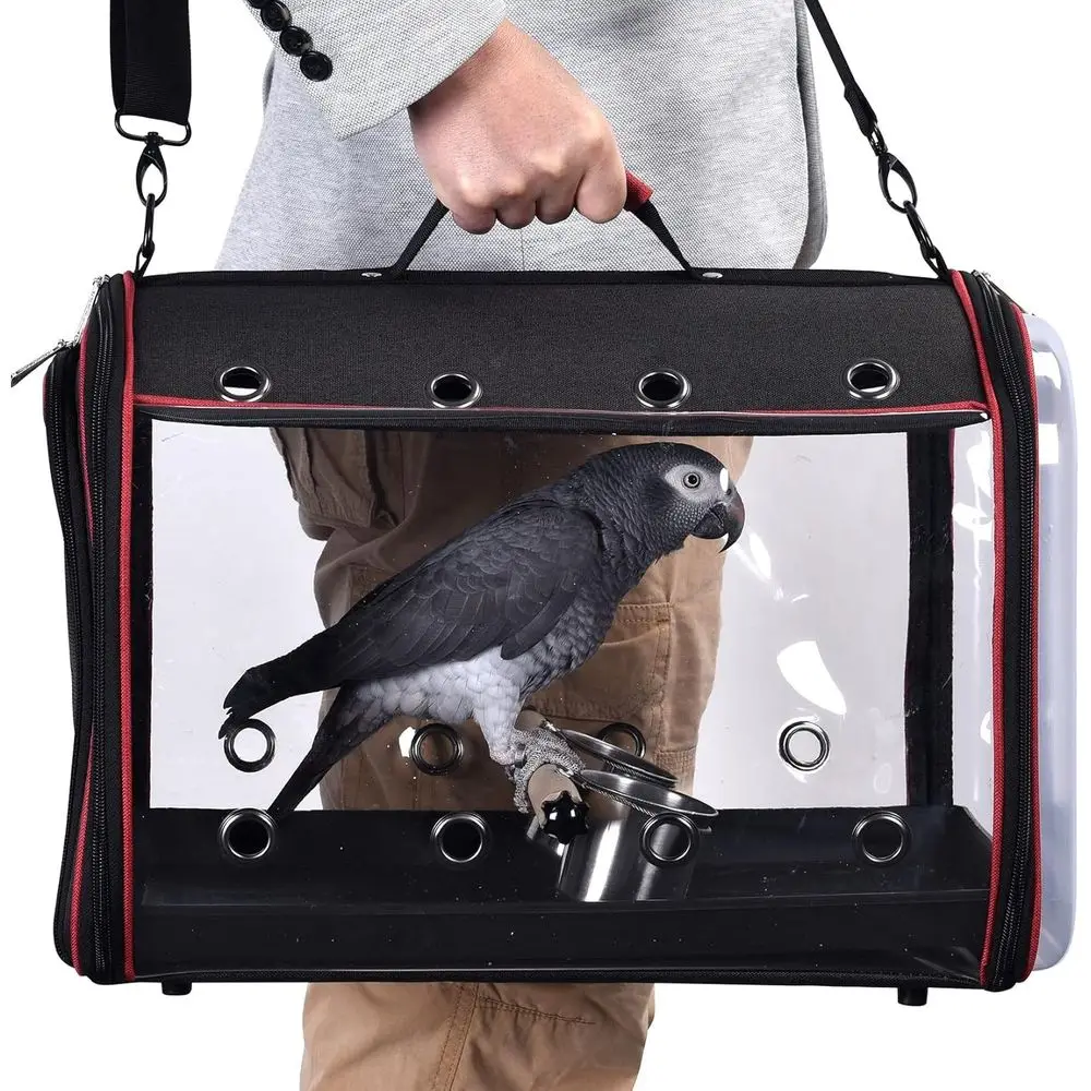

Portable Large Bird Carrier with Feeding Cups, Perch, and Tray - 19x12x13 inches, Black