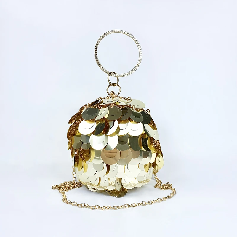 Unique design of niche, three-dimensional spherical metal handmade sequin banquet bracelet, circular bag