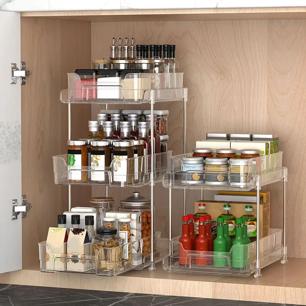 

Storage Rack Clear Slide-Out Organizer Tray Multi-Purpose Durable Transparent Plastic Cosmetics Household Kitchen Storage