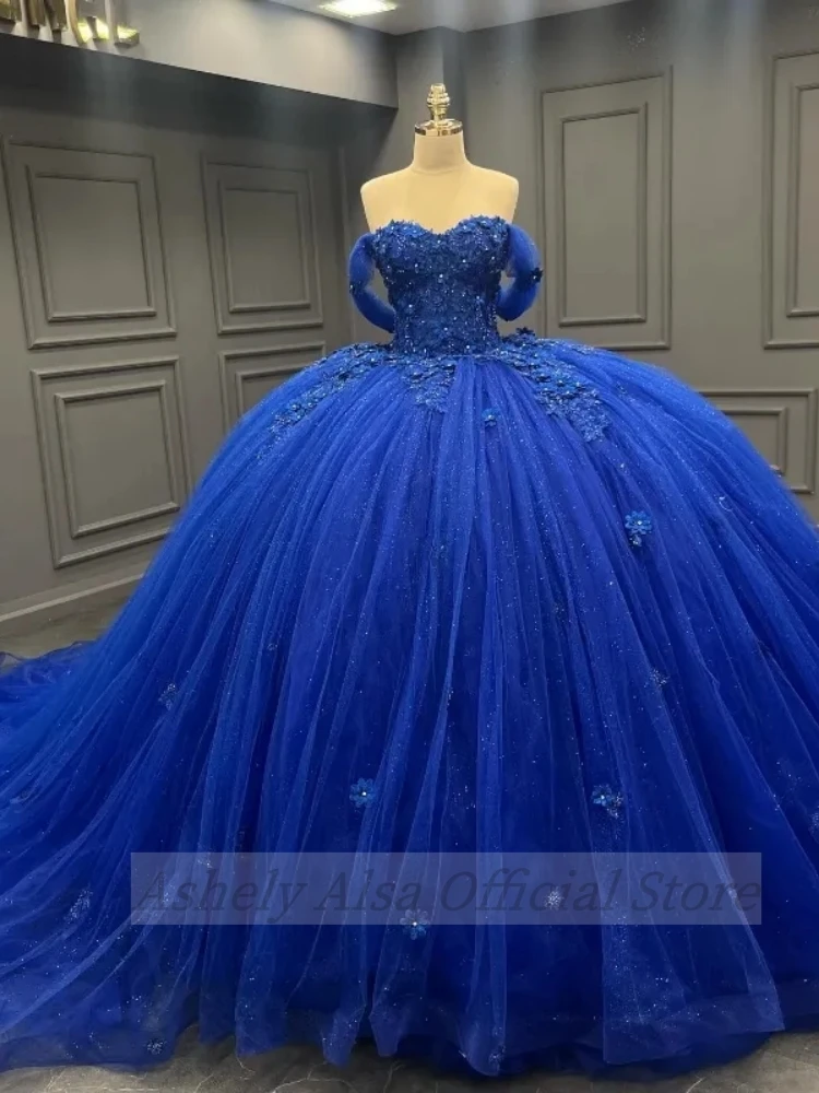 Customized Royal Blue Prom Dresses Sweet 15 16 Year Girl Off Shoulder Lace Applique Vestido De xv Anos Quinceanera Party Gown