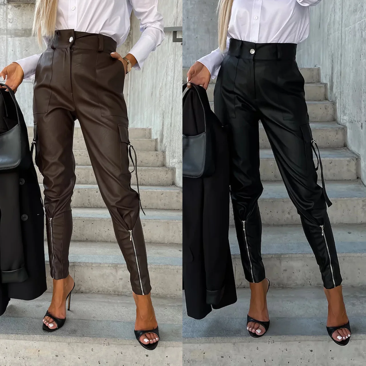 Pantalones de cuero PU con botones para Mujer, pantalones de lápiz ajustados con cremallera y bolsillos, otoño