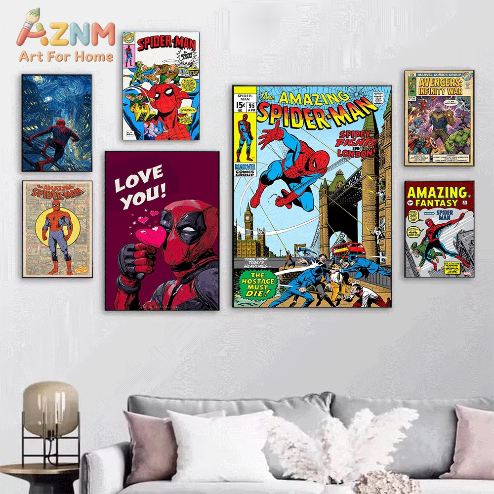 AZNM Spiderman Vs Villain Moon Background Swing Action Comic Canvas Wall Print, Vintage Superhero Fight Scene Art Poster, Unfr