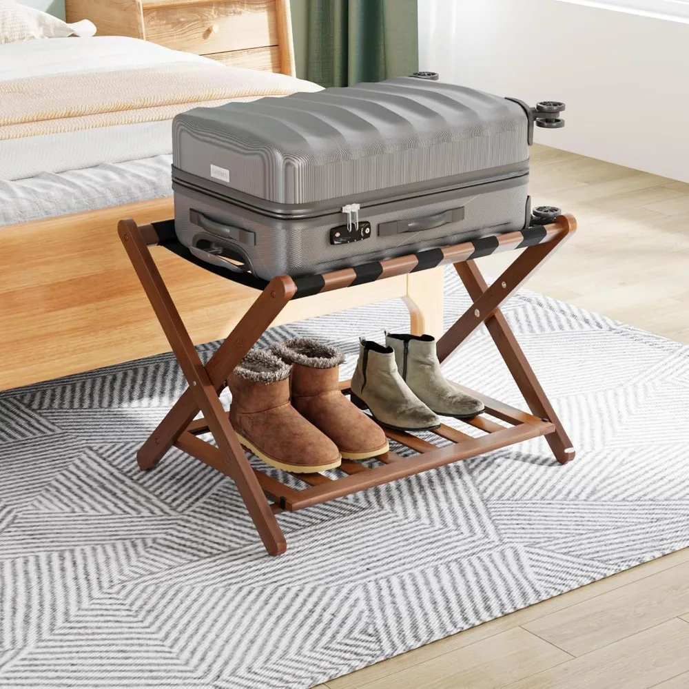

Fully Assembled Walnut Luggage Rack, Bamboo foldable luggage rack, w/5 nylon straps and shelves, for Guest Room Bedroom Hotel