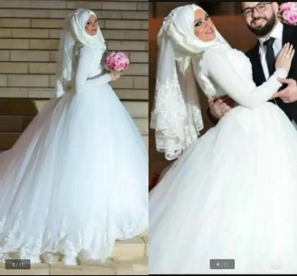 Abiti da sposa islamici personalizzati in tulle bianco con scollo alto e maniche lunghe, abito da sposa modesto con perline