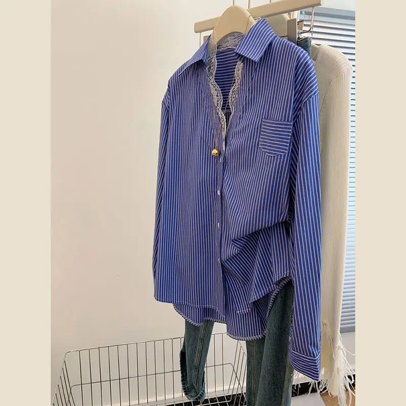 

Casual Blue Striped Long Sleeved Shirt For Women In Spring And Summer, Loose And Lazy Style Design Top
